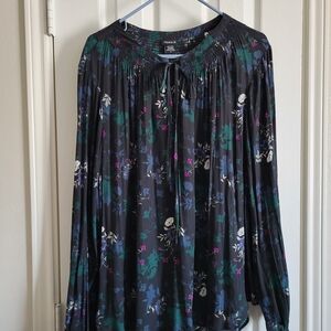Torrid Black Floral Blouse with Green and Purple Accents